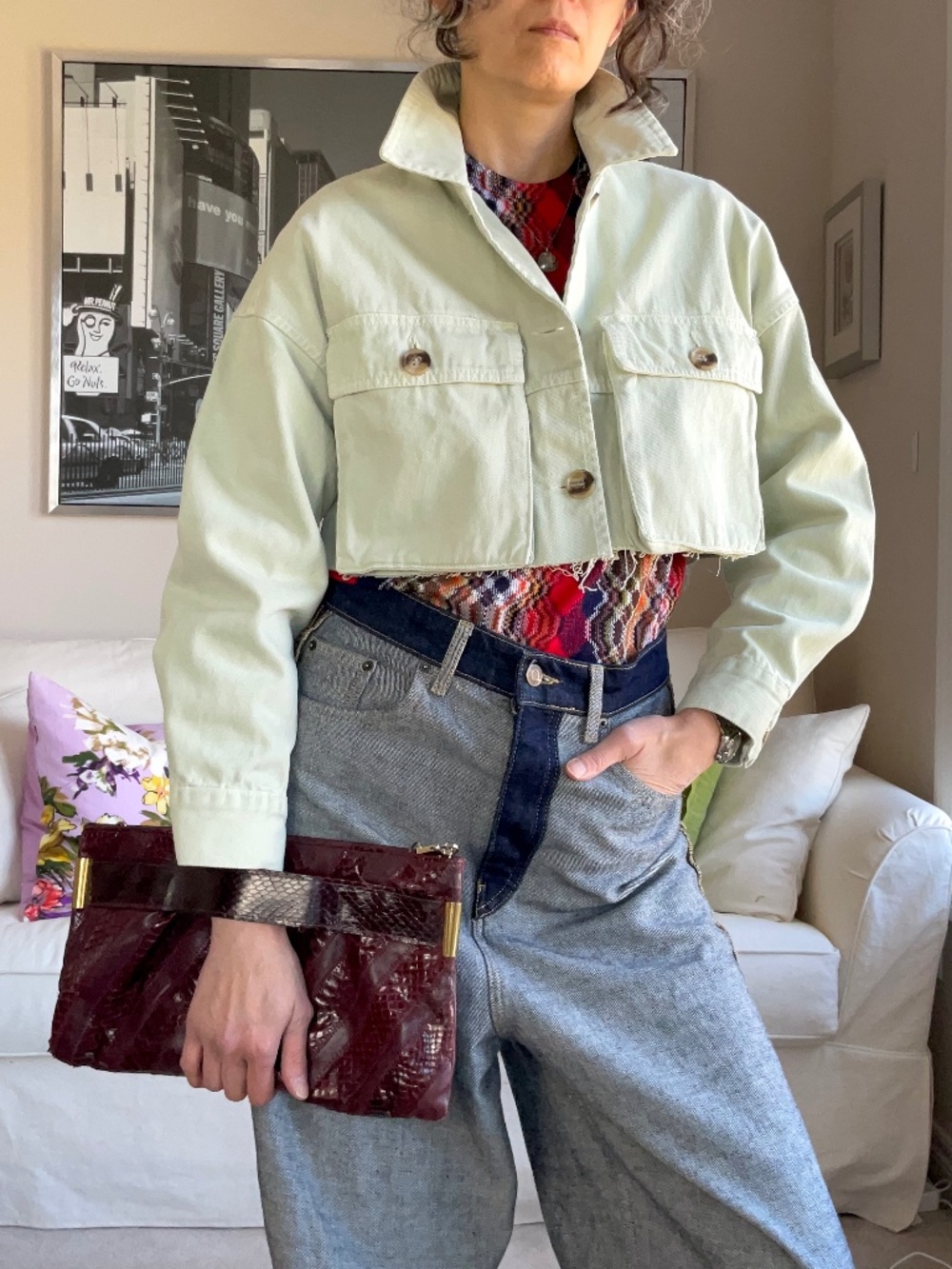 Zara pastel green denim cropped fray hem jacket